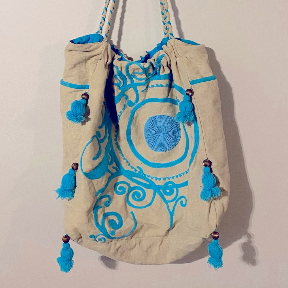 Large Beaded Beach Bag with Tassles